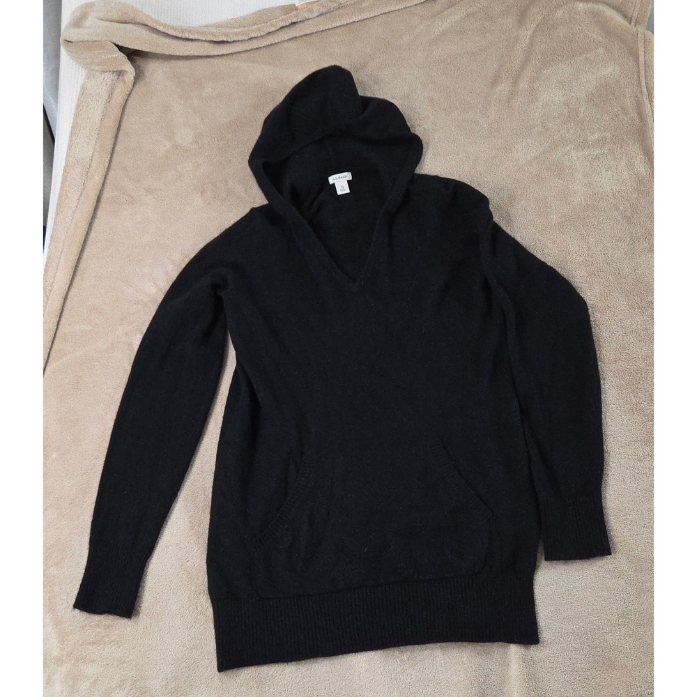 LL Bean Cashmere Sweater Men XS Black Hooded Pockets good minor pilling